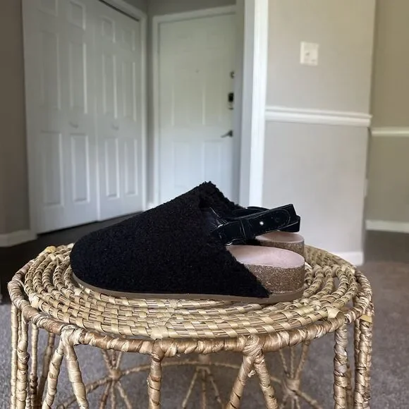 Splendid Clarissa Slipper Women's 8.5 Black Faux Shearling Slingback Cork Shoe - Picture 2 of 11